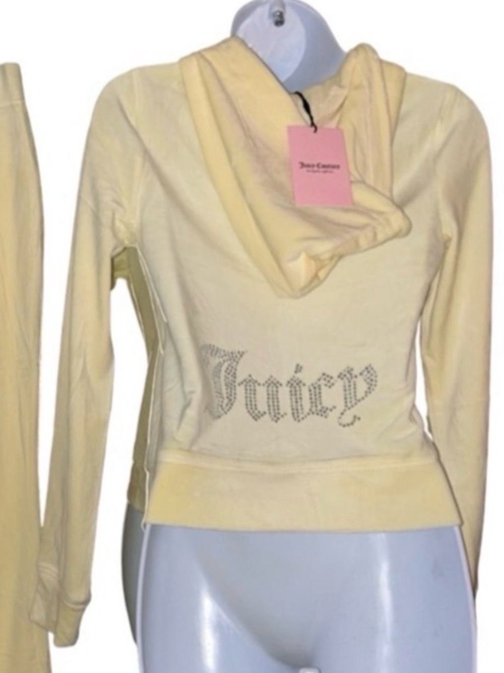 JUICY COUTURE SOFT YELLOW
OG BLING RHINESTONE VELOUR TRACKSUIT HOODIE XS NWT - Picture 3 of 6